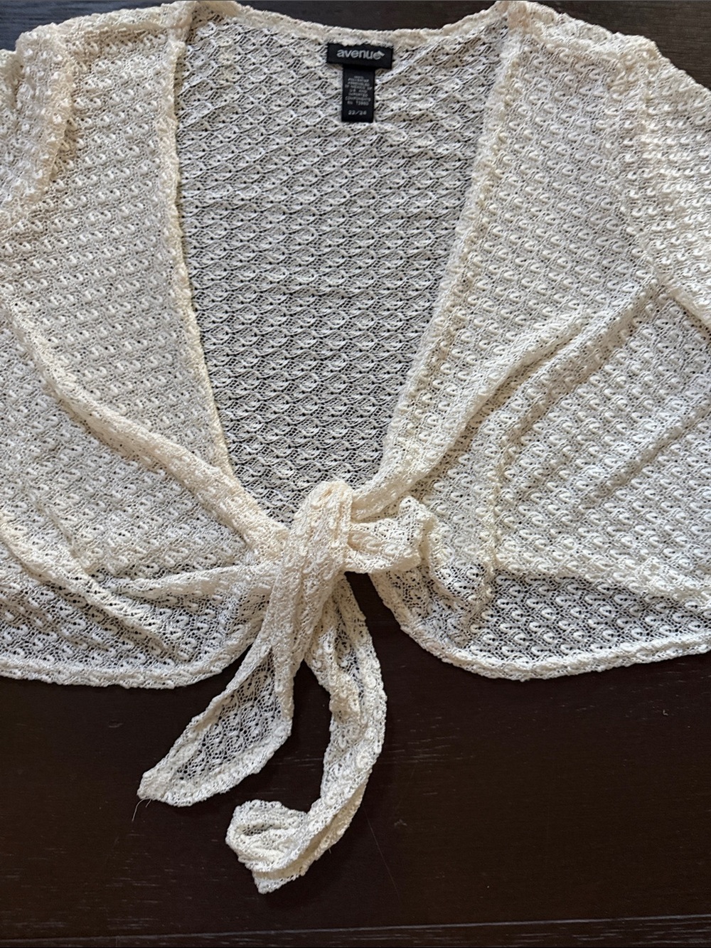 Avenue Cream Open Knit Tie-Front Shrug